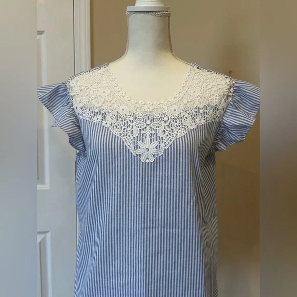 SHEIN Blue White Striped Lace Blouse Cottagecore Flutter Sleeve Boho Top Large - Picture 3 of 7